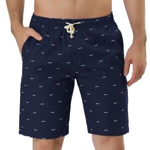 Men’s Small Navy Blue Drawstring Shorts with Fishbone Print